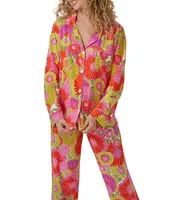 BedHead Pajamas x Trina Turk Botanical Print Long Sleeve Notch Collar Long Pant Pajama Set