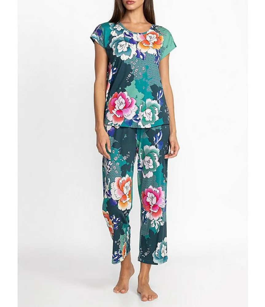 Carole Hochman Cotton Jersey Long Sleeve V-Neck & Long Pant Floral