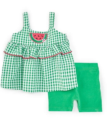 Bonnie Baby Girls Newborn-24 Months Watermelon-Appliqued Checked Seersucker Tunic Top & Solid Knit Bike Shorts Set