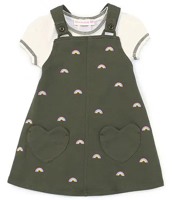 Bonnie Jean Baby Girls 12-24 Months Short-Sleeve Bodysuit & Heart-Pocket Rainbow-Print Jumper Set