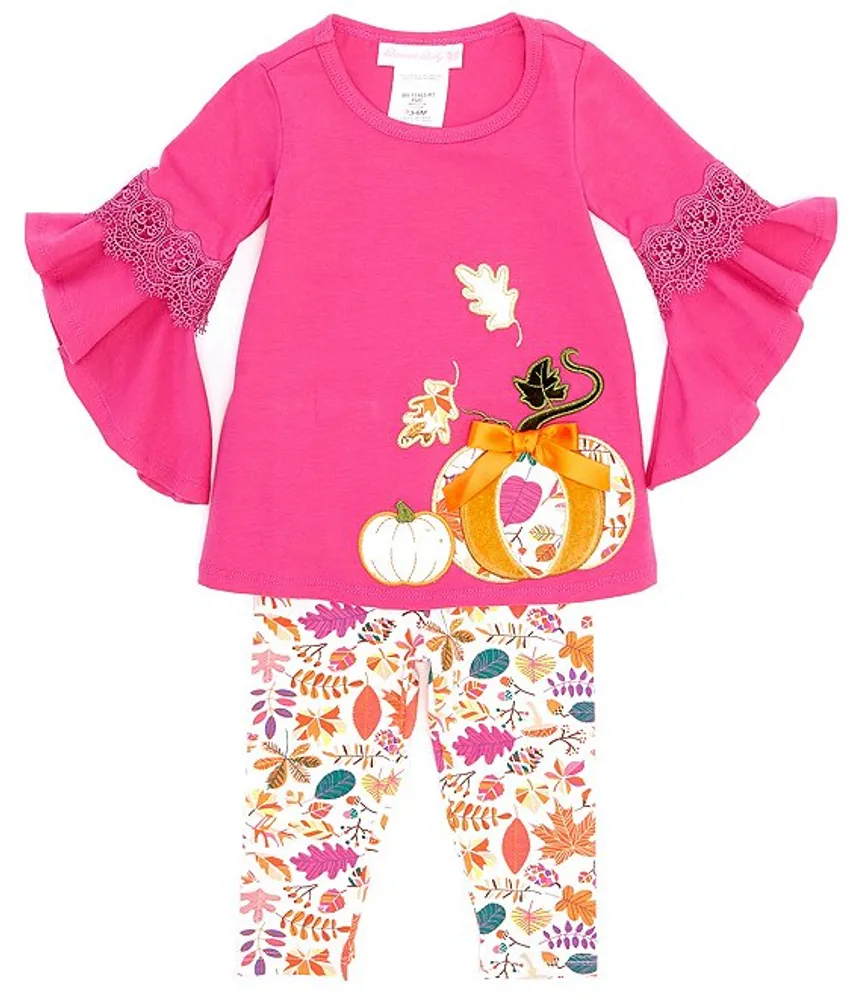 Bonnie Jean Baby Girls Newborn-24 Months Bell-Sleeve Pumpkin-Appliqued Tunic Top & Printed Leggings Set