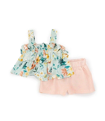 Bonnie Jean Baby Girls Newborn-24 Months Floral-Printed Ruffle-Trimmed Linen Blend Tank Top & Checked Shorts Set