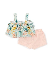 Bonnie Jean Baby Girls Newborn-24 Months Floral-Printed Ruffle-Trimmed Linen Blend Tank Top & Checked Shorts Set