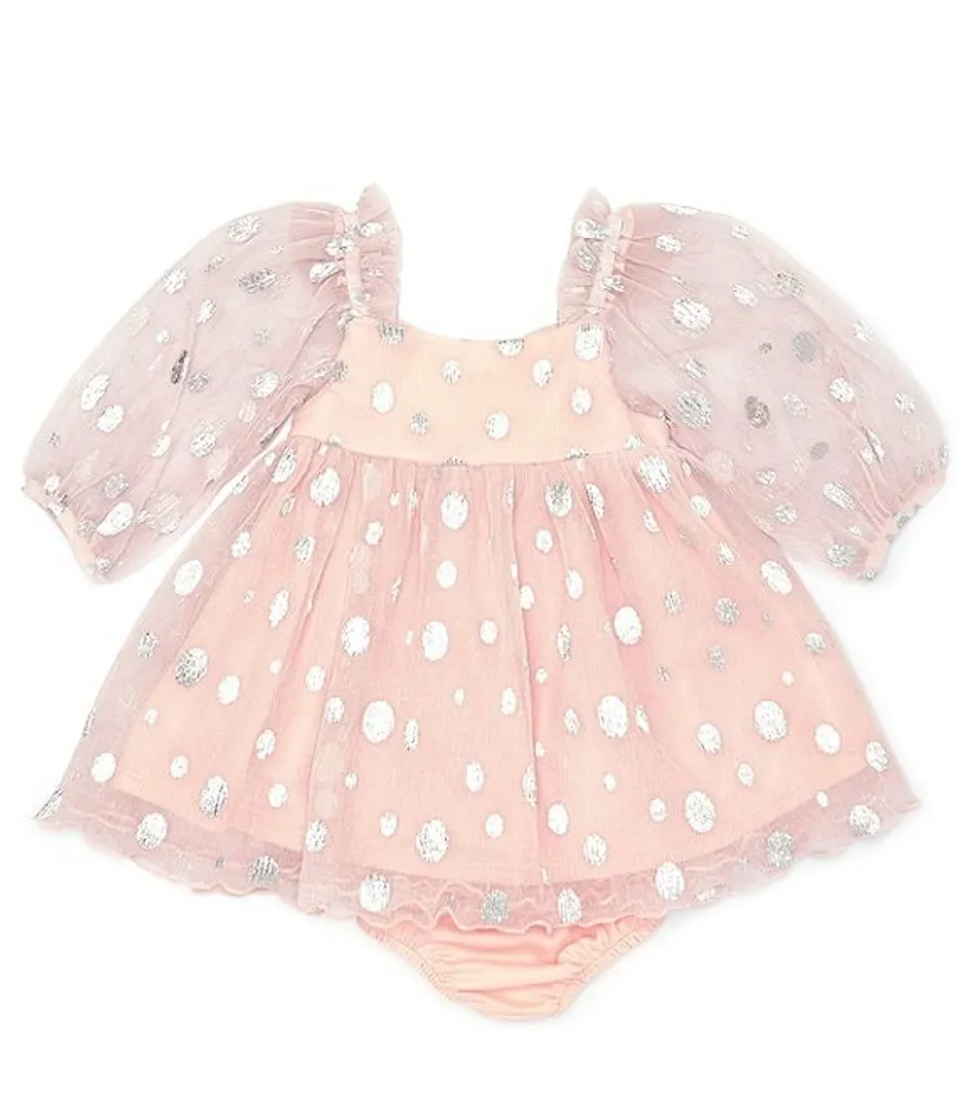 Bonnie Jean Baby Girls Newborn-24 Months Long Sleeve Foiled Polka Dot Chemise Peasant Dress