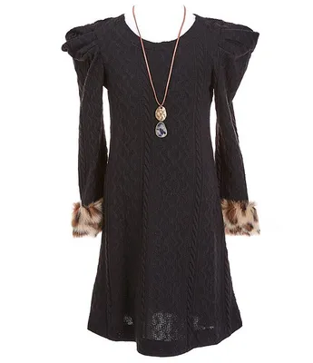 Bonnie Jean Big Girls 7-16 Faux Fur Trimmed Long Sleeve A-Line Knit Dress