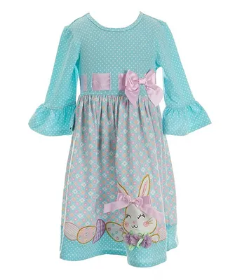 Bonnie Jean Little Girls 2T-6X 3/4 Sleeve Pull Through Ribbon Bodice Bunny Dress