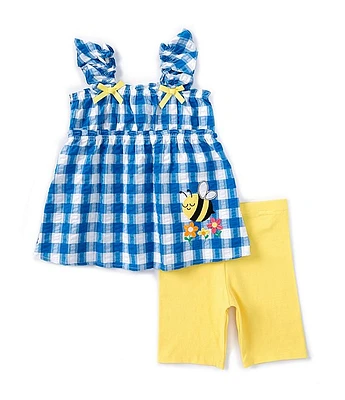 Bonnie Jean Little Girls 2T-6X Bumblebee Appliqued Checked Seersucker Tunic Top & Solid Knit Biker Shorts Set