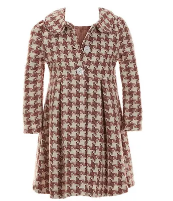 Bonnie Jean Little Girls 2T-6X Long Sleeve Houndstooth Boucle Coat & Short Crinkle Stretch Velvet Dress Set