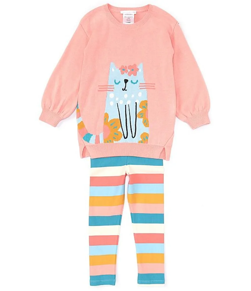 Bonnie Jean Little Girls 2T-6X Long Sleeve Intarsia Cat Sweater & Striped Leggings Set