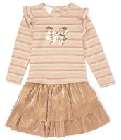 Bonnie Jean Little Girls 2T-6X Long Sleeve Lurex Striped Sequin Bow Detailed Top & Tiered Boudoir Skirt