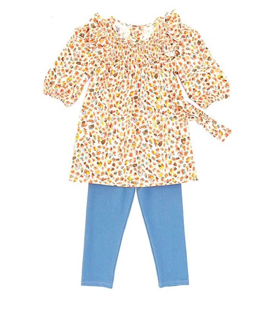 Bonnie Jean Little Girls 2T-6X Puffed-Sleeve Smocked Printed Tunic, Stretch  Denim Leggings & Coordinating Headband 3-Piece Set