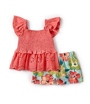 Bonnie Jean Little Girls 4-6X Flutter-Sleeve Smocked Knit Top & Floral-Printed Linen-Look Shorts Set