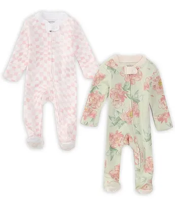 Burt's Bees Baby Girls Newborn-9 Months Soft Elegant Floral & Wavy Check Sleep Play Sleeper 2-Pack