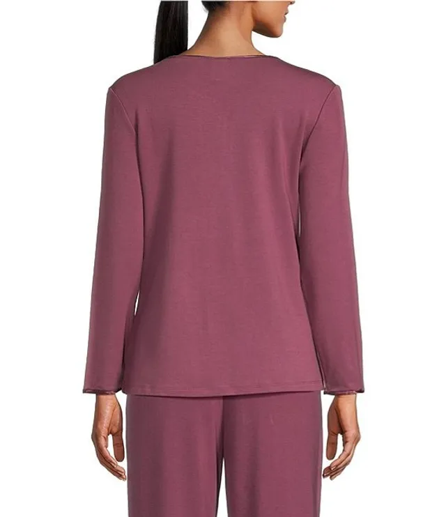 Cabernet French Terry Satin Trimmed Long Sleeve Split Round Neck  Coordinating Sleep Shirt