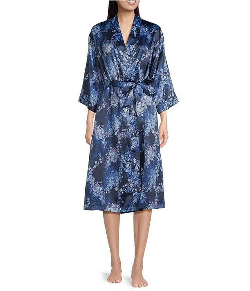 Cabernet Satin 3/4 Sleeve Coordinating Floral Wrap Robe