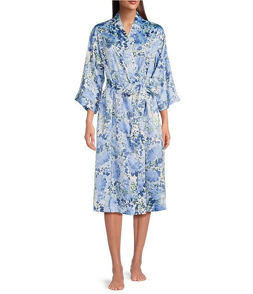 Cabernet Satin Floral 3/4 Sleeve Coordinating Short Wrap Robe