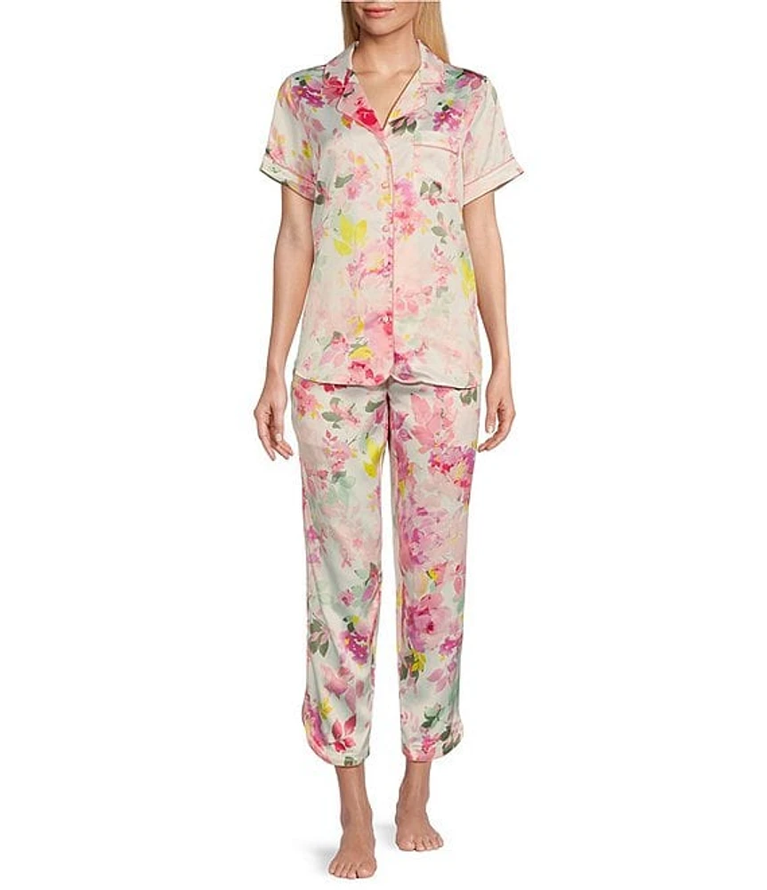 Cabernet Satin Floral Bouquet Print Short Sleeve Notch Collar & Pant Pajama Set