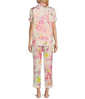 Cabernet Satin Floral Bouquet Print Short Sleeve Notch Collar & Pant Pajama Set