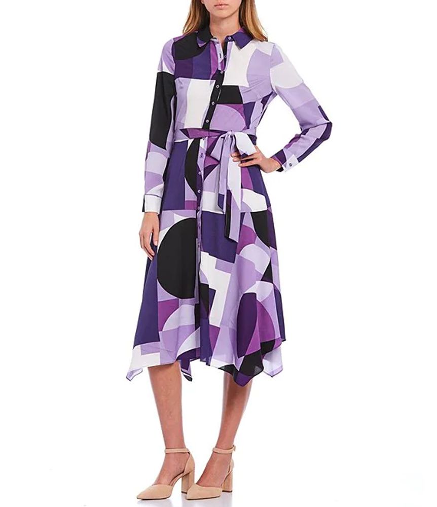sufrimiento suspensión consumo Calvin Klein Abstract Geo Print Crepe de Chine Button-Front Handkerchief  Hem Dress | Green Tree Mall