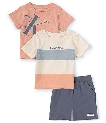 Calvin Klein Baby Boys 12-24 Months Short-Sleeve Color Block Jersey Tee, Logo Tee & French Terry Shorts Set