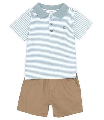 Calvin Klein Baby Boys 12-24 Months Short Sleeve Striped Jersey Polo Shirt & Solid Twill Shorts Set