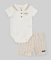 Calvin Klein Baby Boys 3-9 Months Short-Sleeve Solid Pique Knit Bodysuit & Striped Woven Shorts Set