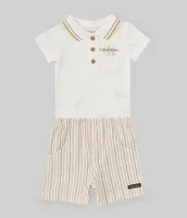 Calvin Klein Baby Boys 3-9 Months Short-Sleeve Solid Pique Knit Bodysuit & Striped Woven Shorts Set