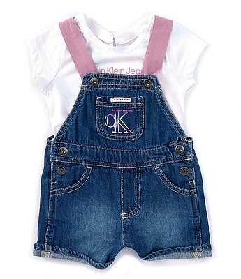 Calvin Klein Baby Girls 12-24 Months Sleeveless Denim Shortall & Short-Sleeve Smocked Muslin Top