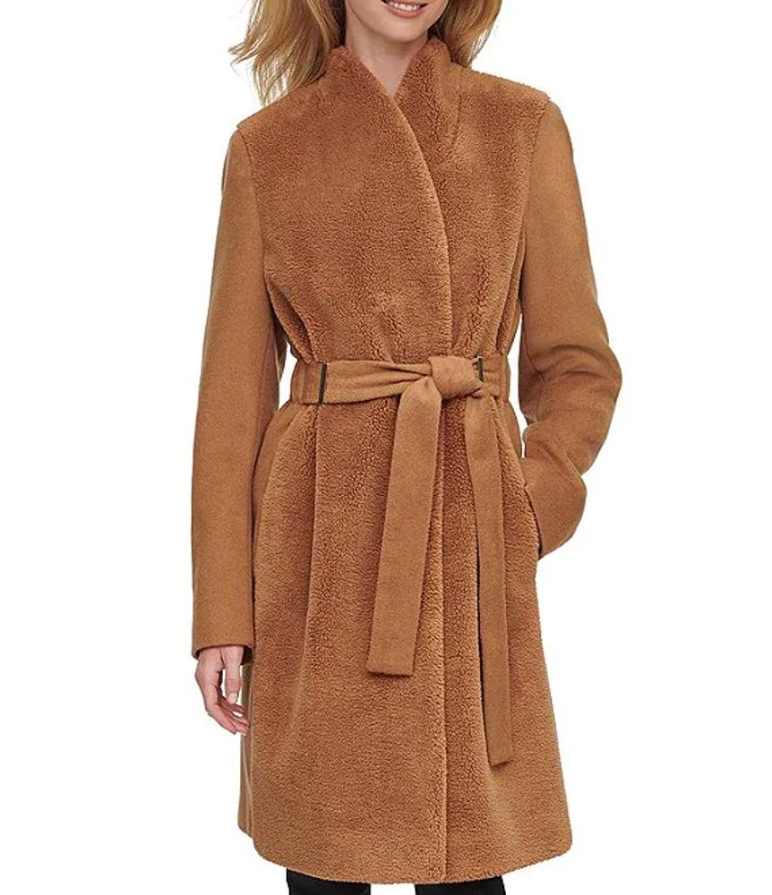 Calvin Klein Faux Fur Body Wool Blend Belted Wrap Coat | Brazos Mall