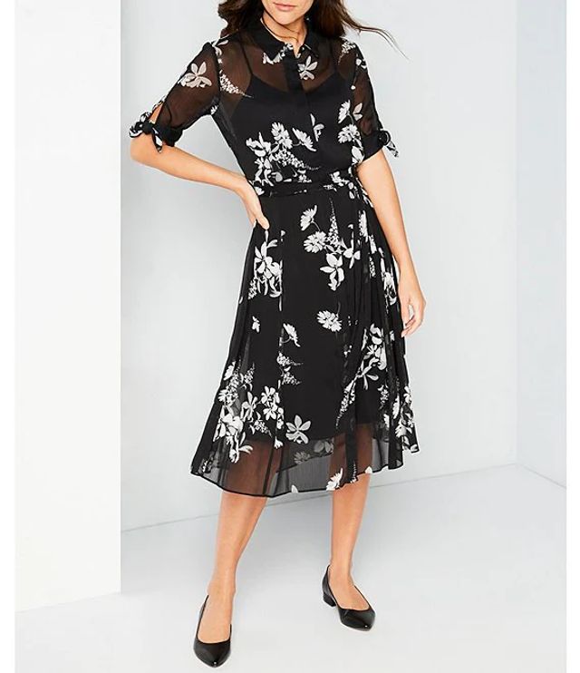 Calvin Klein Floral Chiffon Short Sleeve Tie Waist Midi Shirt Dress |  Alexandria Mall