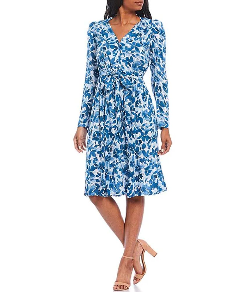 Calvin Klein Floral Print Long Sleeve V-Neck Tie Waist Button Down Dress |  Alexandria Mall