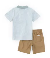 Calvin Klein Little Boys 2T-7 Short Sleeve Striped Jersey Polo Shirt & Solid Twill Shorts Set