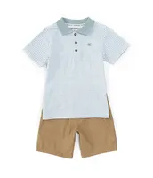 Calvin Klein Little Boys 2T-7 Short Sleeve Striped Jersey Polo Shirt & Solid Twill Shorts Set