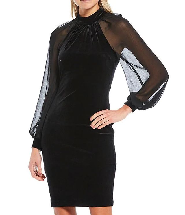Calvin Klein Long Sheer Sleeve Velvet Sheath Dress | Alexandria Mall