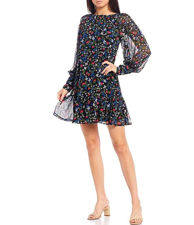 Calvin Klein Long Sleeve Floral Ruffle Chiffon Dress | Alexandria Mall