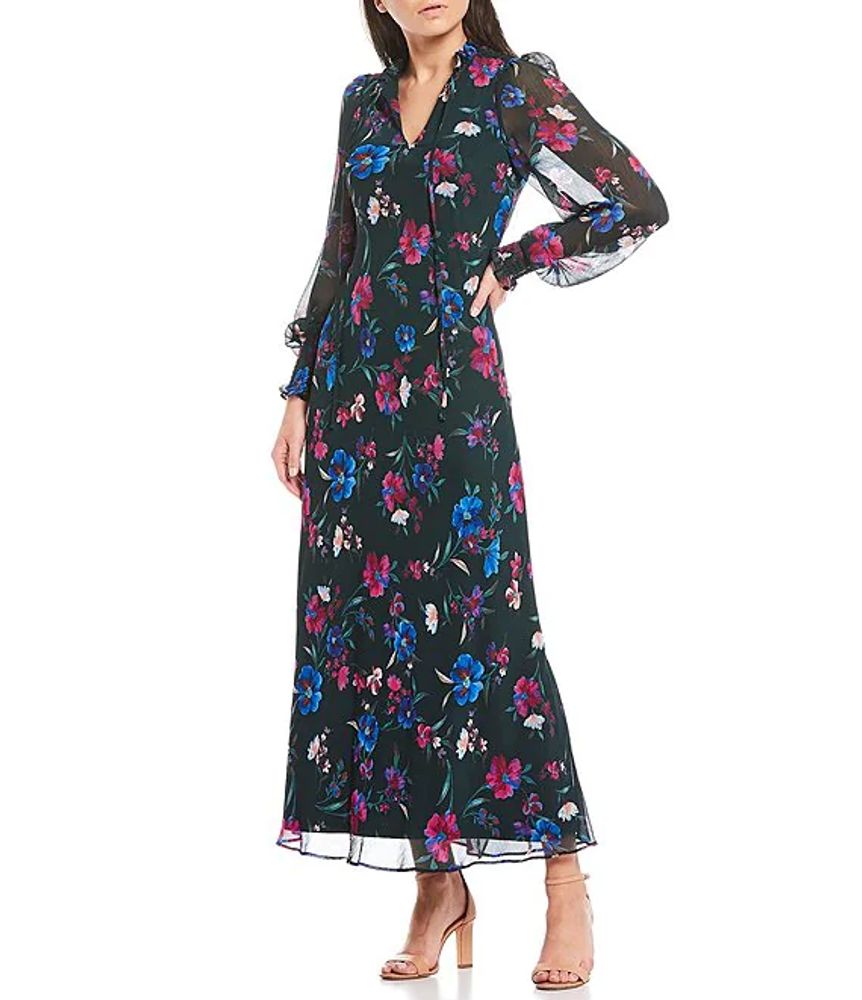 Calvin Klein Long Sleeve Ruffle Tie Neck Floral Print Chiffon Maxi Dress |  Brazos Mall