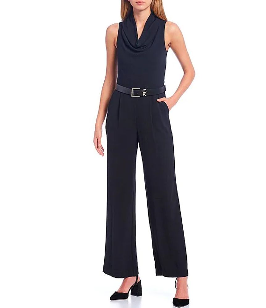 Calvin Klein Puckered Texture Cowl Neck Sleeveless Belted Jumpsuit |  Alexandria Mall