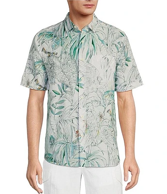 Caribbean Big & Tall Short Sleeve Tropical Print Linen Blend Woven Shirt