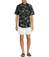 Caribbean Isle Breeze Palm Tree Printed Performance Stretch Short Sleeve Woven Shirt