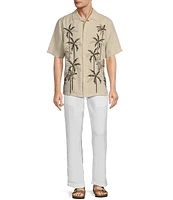 Caribbean Relaxed Palm Print Embroidery Linen Short Sleeve Woven Shirt