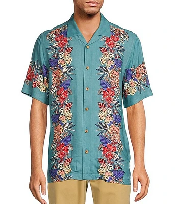 Caribbean Printed Rayon Floral Panel Short Sleeve Woven Camp Shirt