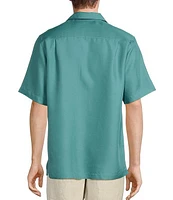 Caribbean Teal Palm Panel Embroidered Short Sleeve Shirt