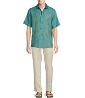 Caribbean Teal Palm Panel Embroidered Short Sleeve Shirt