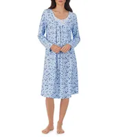 Carole Hochman Cotton Jersey Long Sleeve V-Neck Floral Print Nightgown