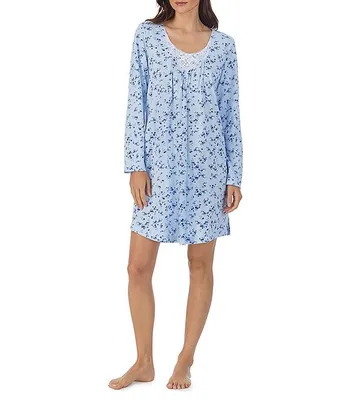 Carole Hochman Cotton Jersey Long Sleeve V-Neck Floral Print Short Nightgown