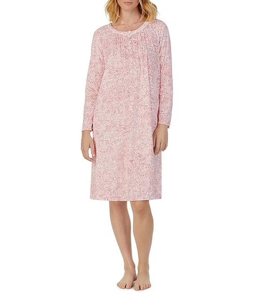 Carole Hochman Fleece Floral Scroll Print Long Sleeve Round Neck Nightgown
