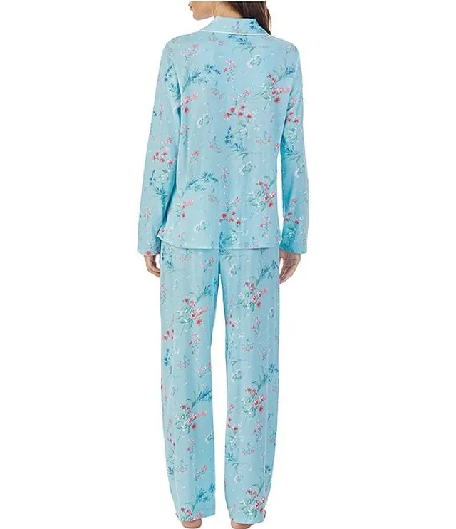 Carole Hochman Petite Size Rose Print 3/4 Sleeve Notch Collar Coordinating  Jersey Knit Pajama Set