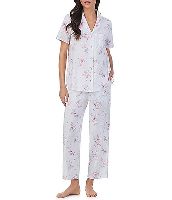 Carole Hochman Petite Floral Print Short Sleeve Notch Collar Cotton Jersey Knit Pant Pajama Set