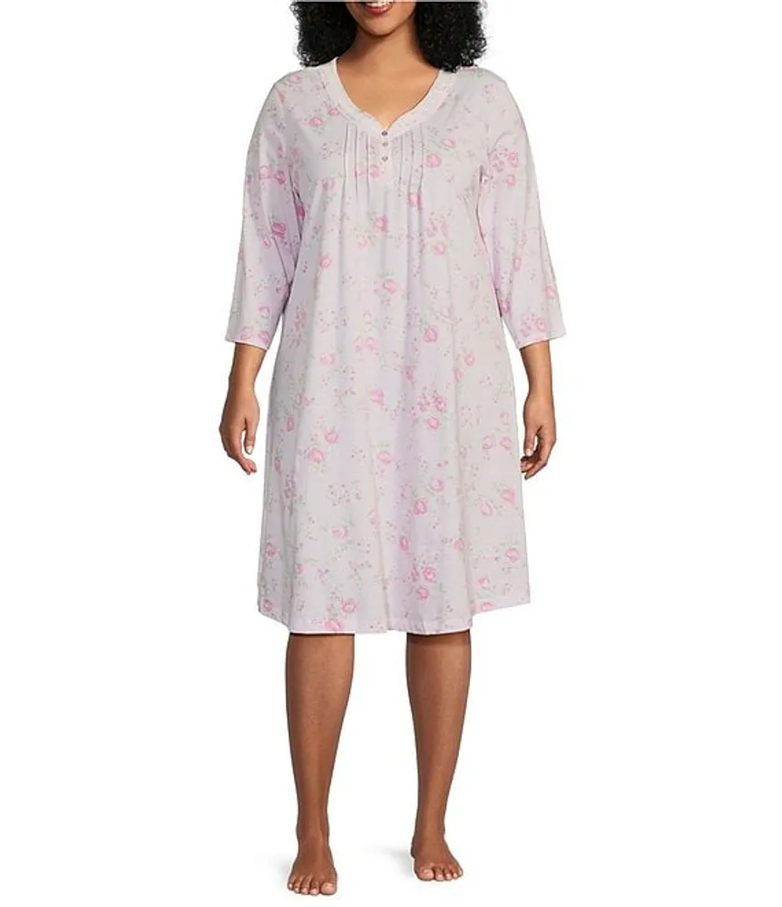 Carole Hochman Plus Rose Floral Jersey Knit 3/4 Sleeve V-Neck Waltz Nightgown