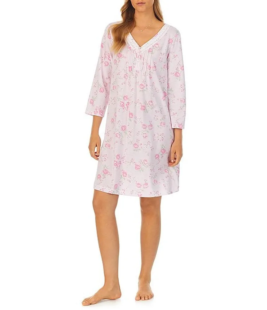 Carole Hochman Rose Floral Embellished Lace Cotton Jersey 3/4 Sleeve V-Neck Nightgown
